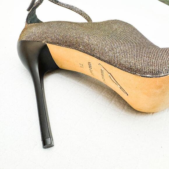 Brian Atwood Glitter Peep Toe Pump Heel Metallic Stiletto Heel Gold Size 7.5 - Picture 4 of 6
